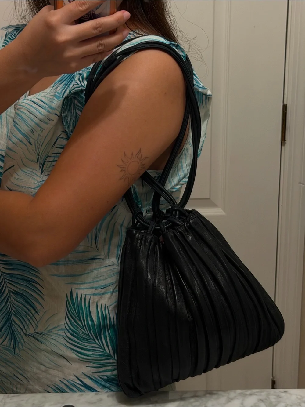 Giorgio Armani Drawstring Black Pleated Leather Bucket Bag
